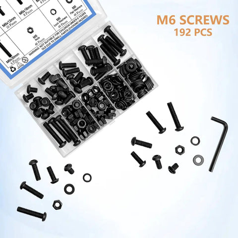 All In One M6 Screw Kit With 192 Pieces Of Hex Socket Head Bolts Nuts And Washers In 10.9 Alloy Steel 8mm To 30mm Lengths For DIY Projects And Quick Fixes For 3D Printers Drones Electronics Furniture And Everyday Repairs, assorted bolts and washers