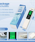 4 In 1 TDS Meter Digital Water Tester With EC and Temperature Readout 0 to 9990 Parts Per Million and packaging details.