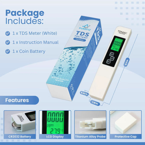 4 In 1 TDS Meter Digital Water Tester With EC and Temperature Readout 0 to 9990 Parts Per Million and packaging details.