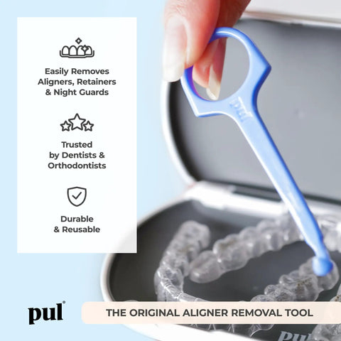 Pack Of 2 Aligner Removal Tools For Clear Aligners And Retainers Easy Grip Invisalign Remover Tool And Retainer Hook For Trays Night Guards Reusable Accessories Purple, blue tool in hand with aligner tray
