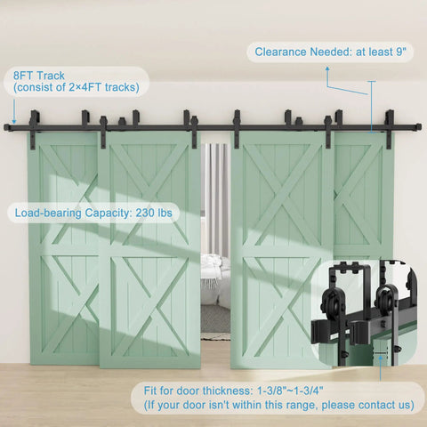 8 Foot Four Doors Double Track Bypass Sliding Barn Door Hardware Kit For Easy Install And No Hassle Smooth Operation Includes Rails Rollers Guides And All Necessary Hardware For Quick In Wall Or Stud Mounted Setup Heavy Duty Upgrade