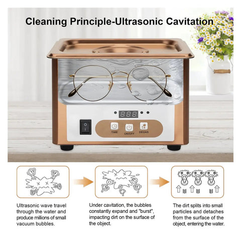 Gleam Your Duds With This Epic 900Ml Ultrasonic Cleaner displaying glasses in water, showing ultrasonic cleaning process and controls.