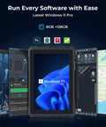 Rock Solid Heavy Duty Rugged Tablet With 10.1 Inch Sunlight Readable Screen Running Windows 11 Pro showing 8GB RAM and software applications.