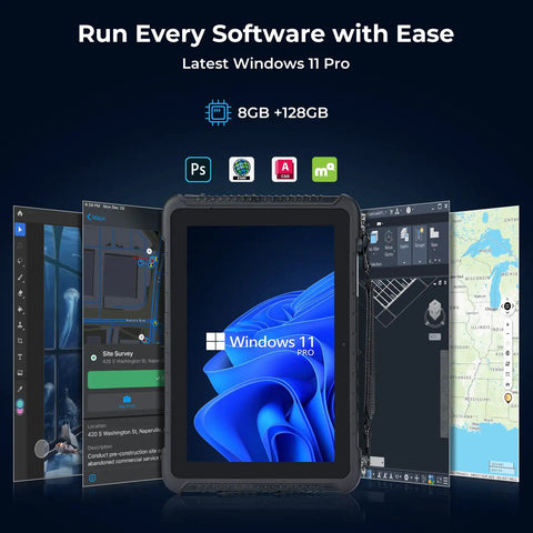 Rock Solid Heavy Duty Rugged Tablet With 10.1 Inch Sunlight Readable Screen Running Windows 11 Pro showing 8GB RAM and software applications.