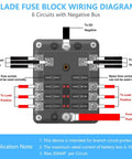 Wiring diagram for Six Way 12V Blade Fuse Box With Negative Bus, showing 6 circuit connections and LED indicators.