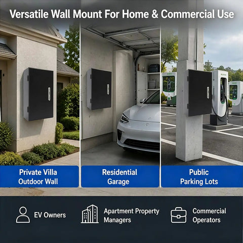 Rock Solid EV Charger Enclosure Box Featuring Quick Set Combo Lock Wall Mount Weatherproof Shield for Garage Driveway and Public Electric Car Plug Safe Zones seen mounted in private villa, residential garage, and public parking lot.