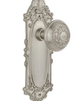 Old School Vintage Door Plate with Egg and Dart Knob, Passage Set for Hallways and Closets, satin nickel, solid brass, side view