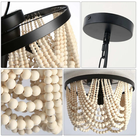 Close-up of Farmhouse Boho Flush Mount Ceiling Light Three Light Wood Bead Chandelier Black Metal Hanging Pendant Lighting fixture.