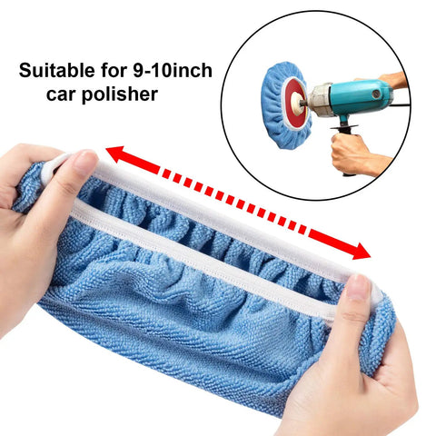 Hands holding 20 Piece 9 To 10 Inch Car Polisher Bonnet Pads Microfiber Polishing Pad Covers For Orbital Buffers with polisher in use