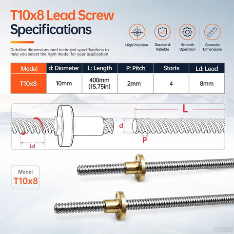 Detailed specifications of Heavy Duty TR10x8 400mm Lead Screw Paired With Precision Brass Nut featuring 2mm pitch and four start threads.