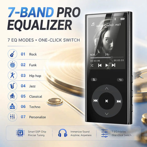 90GB MP3 Player With Bluetooth 5.3 Expandable To 256GB With Dual TF Card Slots For Thousands Of Songs showing 7-band equalizer display