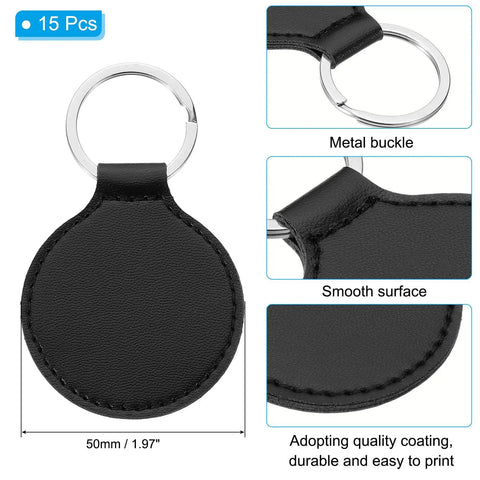 Leather Keychain Blanks Set 15 Round PU Leather Double Sided Keychains For Laser Engraving And UV Printing DIY Crafts Black 50mm