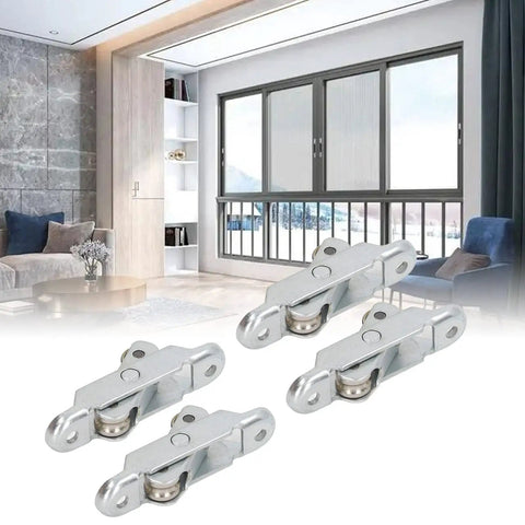 Heavy Duty Double Wheel Roller Pulleys For Sliding Doors And Windows 4 Pack Alloy Steel Replacement Track Rollers on display in a modern room.