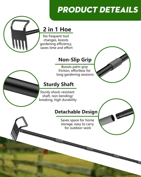 Product details of 2-In-1 Garden Hoe With 60 Inch Adjustable Handle For Easy Weeding And Tilling, highlighting features and design.