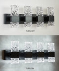 Black 4 Light Crystal Bathroom Vanity Light Over Mirror LED Wall Fixture, Modern Design with ice cube crystal accents off and on