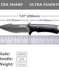 Fixed Blade Knife With Full Tang 420HC Stainless Steel For Outdoor EDC, Hunting, And Survival, G10 handle displayed with measurements