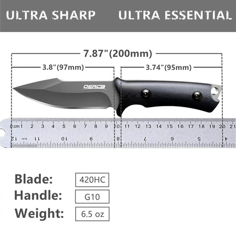 Fixed Blade Knife With Full Tang 420HC Stainless Steel For Outdoor EDC, Hunting, And Survival, G10 handle displayed with measurements