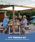 People dining under a pergola built with 4-Pack 6x6 Inch Wood Pergola Brackets, 3-Way Right Angle Corner Brackets