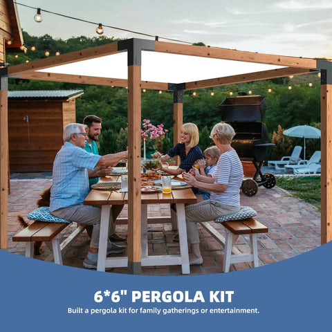 People dining under a pergola built with 4-Pack 6x6 Inch Wood Pergola Brackets, 3-Way Right Angle Corner Brackets