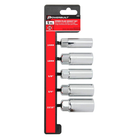 Three Eighth Inch Drive Spark Plug Socket Set Six Point Deep Thin Wall Five Piece Metric And SAE Chrome Vanadium Gray Finish For Broad Vehicle Coverage