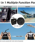 Ten And Twelve Channel Radio Transmitter And Receiver With Beefed Up Long Range And DSSS FHSS Tech shown with simulator and trainer modes