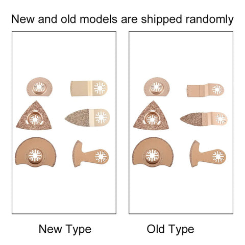 Carbide Oscillating Tool Blade Set Six Pcs With Universal Shank; new and old blade models shown side by side for comparison.