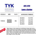 Chart showing TYK Industries inner tubes with sizes 22x11R10, TR6 valve, for ATVs, UTVs, approved fitments included