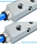 Close-up of the Three Way Five Port Air Manifold Block Aluminum Inline Air Hose Splitter with 1/2 Inch NPT Threads.