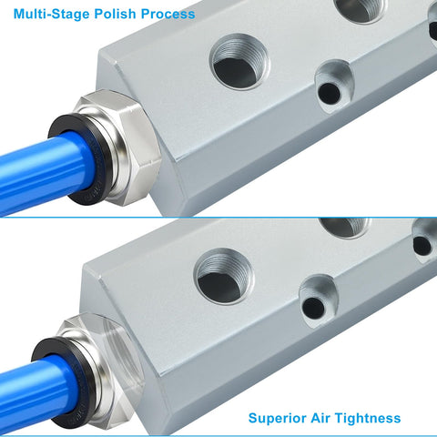 Close-up of the Three Way Five Port Air Manifold Block Aluminum Inline Air Hose Splitter with 1/2 Inch NPT Threads.