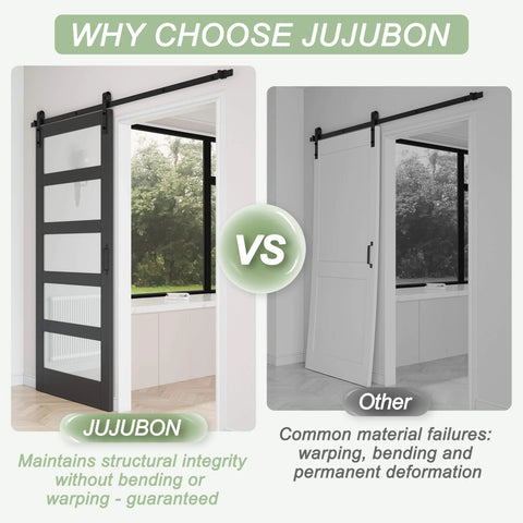 Comparison of Jujubon 48 Inch Glass Sliding Barn Door Kit With 8 Ft Track, 5 Panel Frosted Glass, Black Frame vs other door
