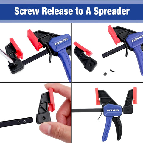 Six Inch Mini Bar Clamps Set Two Pack For Woodworking, One Handed Clamp And Spreader, Light Duty F Clamp With Screw Release instruction
