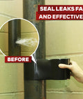 Using waterproof patch seal tape for quick leak fixes, 6 inch by 5 foot black, flexible silicone-butyl adhesive on pipe.