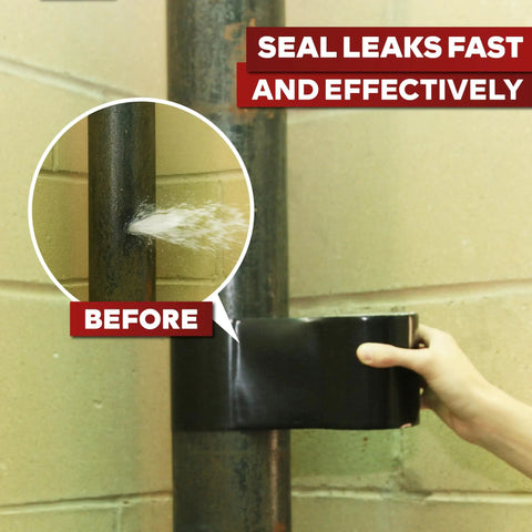 Using waterproof patch seal tape for quick leak fixes, 6 inch by 5 foot black, flexible silicone-butyl adhesive on pipe.