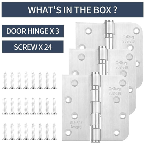Door hinge set, XinSheng 4x4 Inch SUS-316 stainless steel with 3 hinges and 24 screws