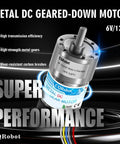 Beefy Metal DC Geared Down Motor With Thirty To One Gear Reduction 6V/12V shown with labels for high performance and durability