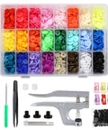 Snaps And Snap Pliers Set With 375 T5 Plastic Button Sets For Sewing And Crafting, 24 Color Variants, Pliers Fit 16 20 And 24 Snap Sizes T3 T5 T8, Perfect For Beginners And Pros displayed with colorful snap buttons and tools.