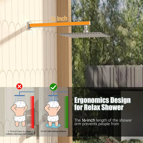 16-inch shower arm with rain shower head, ergonomic design for 12 Inch Rain Shower Head System With 2 In 1 Handheld Shower And Wall Mount High Pressure Chrome Shower Fixture Kit 59 Inch Stainless Steel Hose 13.9 Inch Shower Arm And Brass Sprayer For Bathroom, illustration of safe bathing distance.