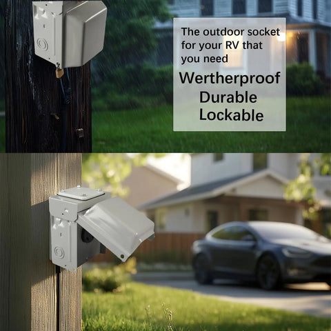 Heavy Duty NEMA L5 30R Power Outlet Box With 15 Amp Switch Weatherproof Lockable Outdoor Electrical Panel mounted on wooden post.