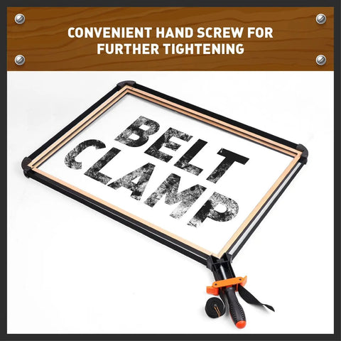 Band Clamp For Woodworking And Picture Framing, Flexible Frame Strap Holder For Irregular Shaped Pieces displayed with frame