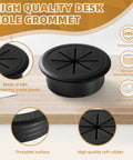Two Piece Desk Grommet Set In Black ABS Plastic for cable management on wooden desk with features highlighted