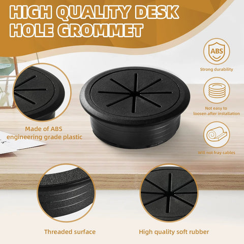 Two Piece Desk Grommet Set In Black ABS Plastic for cable management on wooden desk with features highlighted