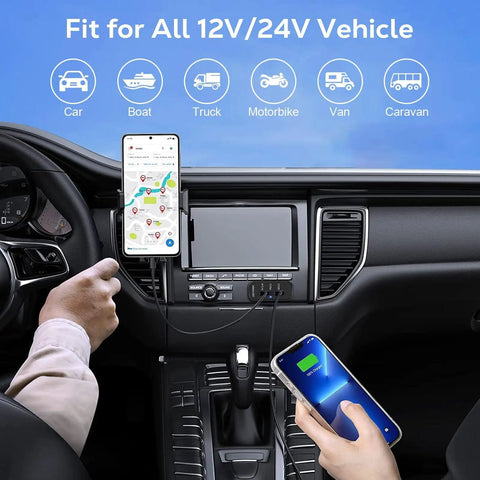 Slick Upgrade 3 Port 12V 24V USB Outlet Panel Quick Charge Fast Charger With USB C PD And USB A QC Ports in vehicle dashboard.