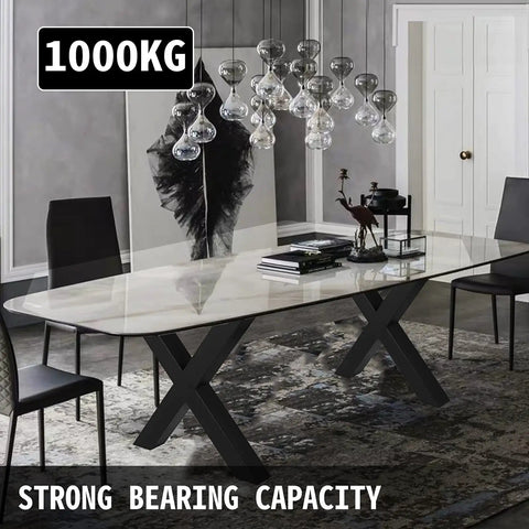 Dining area with long table supported by Beefy Pair of Heavy Duty Steel Table Legs, 28 Inch High by 31 Inch Wide X Frame 3.1 Inch Square Box Legs.