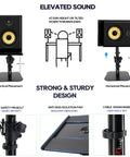 Diagram showing Heavy Duty Desktop Speaker Stands Pair With Flat Base Adjustable Height And Tilt Universal Platforms in vertical and horizontal placement with features like safety pin bolt, anti-skid isolation pad, cable management.