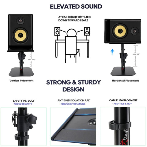 Diagram showing Heavy Duty Desktop Speaker Stands Pair With Flat Base Adjustable Height And Tilt Universal Platforms in vertical and horizontal placement with features like safety pin bolt, anti-skid isolation pad, cable management.
