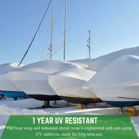 Tough As Nails String Reinforced Shrink Wrap Roll 16 X 25 Feet Waterproof Heavy Duty Polyethylene Plastic Barrier Film covering boats.