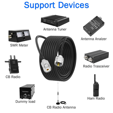 PL259 UHF Coax Cable From UHF Male To Female Low Loss CB Antenna Extension Jumper Cord For Ham Radio And Antenna Analyzer Use With Dummy Load SWR Meter 5M And 16.4ft coiled among various radio devices.