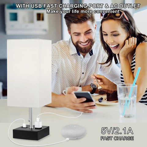 Three Color Temperature USB Table Lamp For Bedroom And Desk, Nightstand Light With USB Port And AC Outlet next to a couple