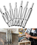 Eight-piece center drill bit set with self-centering bits for cabinet hinges; sizes 5/64 in to 1/4 in and 5 mm (Amazon)