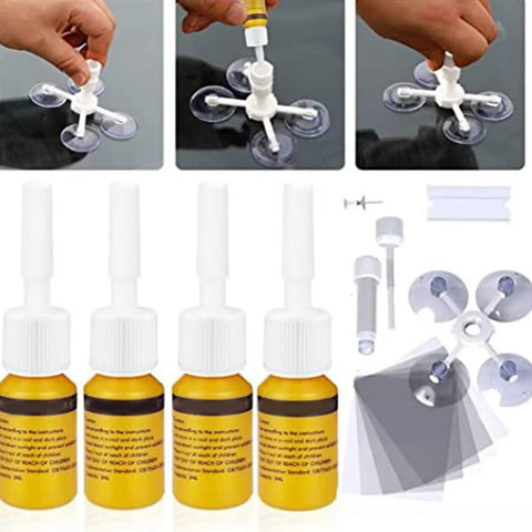 Windshield Chip And Crack Repair Kit For Scratches Quick Fix With Suction Cup Curing No Brainer Five Minute Repair To Restore Clarity And Prevent Chip Spread, showing repair tools and suction cups.